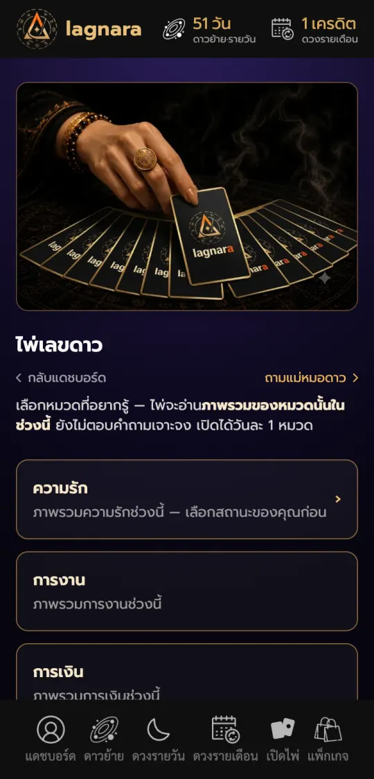 หน้าจอจริงในแอป lagnara: ไพ่เลขดาว